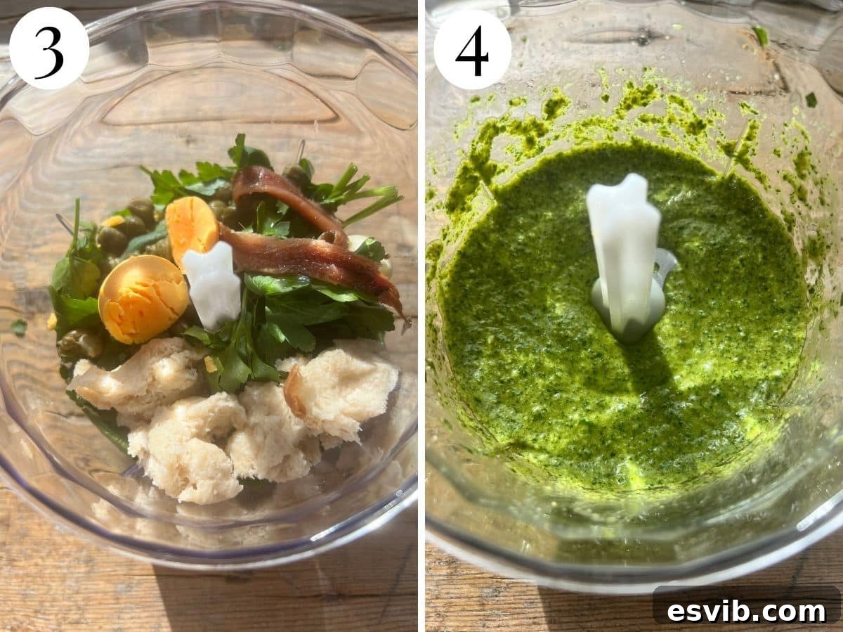 Two images showcasing the transformation of ingredients into salsa verde: the first image shows raw ingredients in a food processor, and the second shows the same ingredients blended into a smooth green sauce.