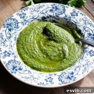 A close up shot of vibrant Tuscan salsa verde in a decorative blue floral plate, showcasing its rich texture.