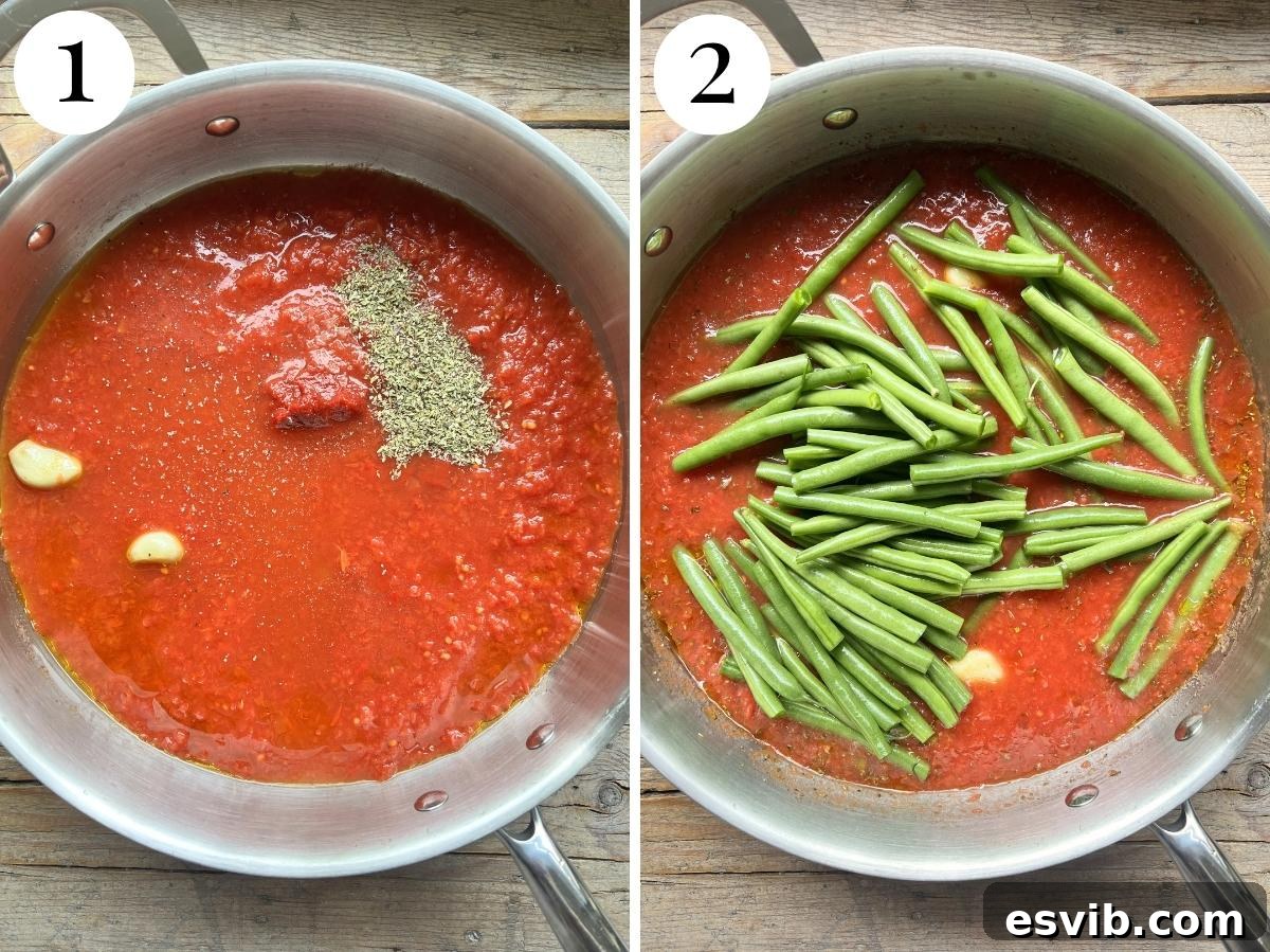 Two photos showing how to make a tomato sauce with green beans.