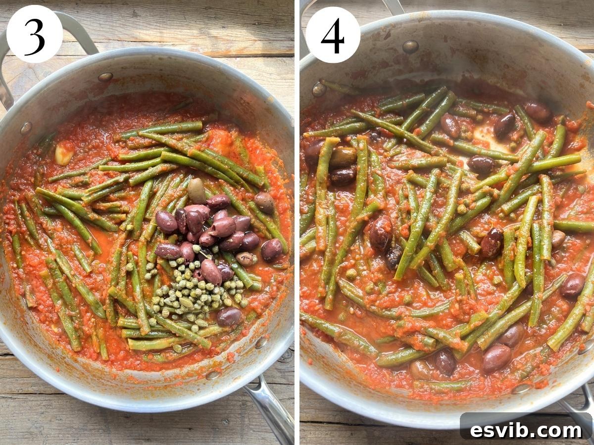 Two photos showing cooked green beans with olives and capers.