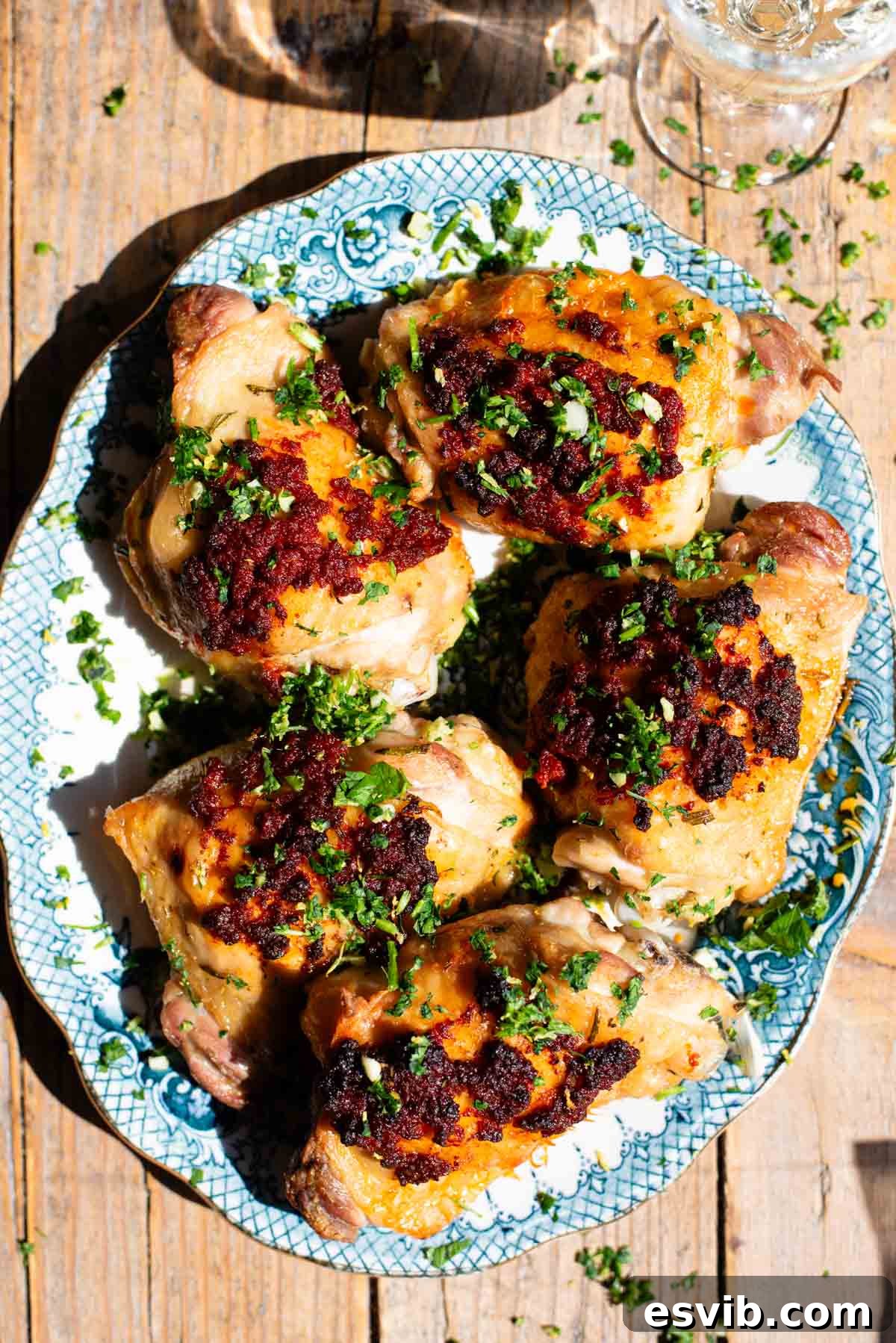 A serving platter holds several crispy Nduja baked chicken thighs, garnished with fresh green gremolata.