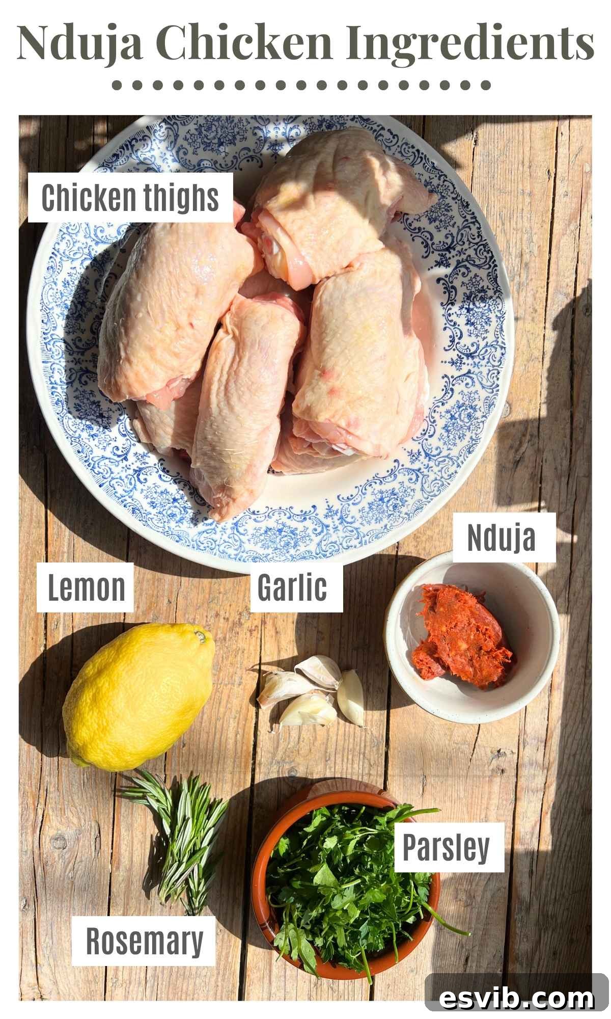 An overhead shot displays all the ingredients for the Nduja baked chicken recipe, including chicken thighs, Nduja, rosemary, garlic, and parsley.