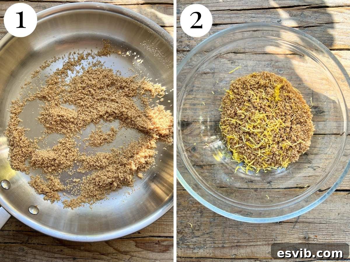 Golden Crumb Sardine and Tomato Pasta 4 Two-panel image showing breadcrumbs toasting in a pan and then mixed with lemon zest in a bowl.