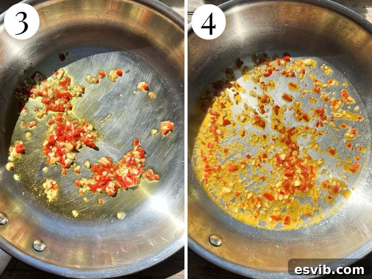 Golden Crumb Sardine and Tomato Pasta 5 Two-panel image showing garlic and chili sautéing in a pan, followed by white wine being added.