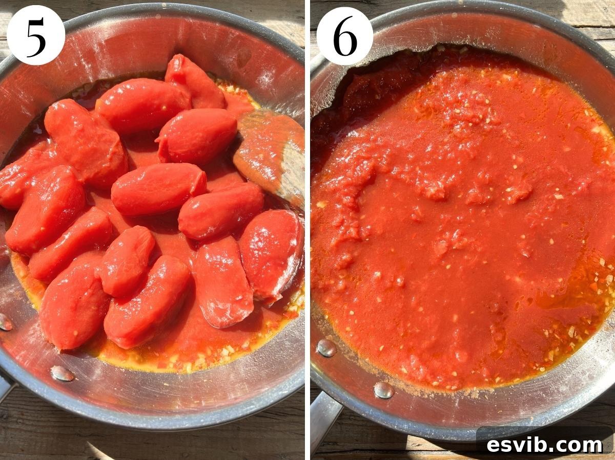 Golden Crumb Sardine and Tomato Pasta 6 Two-panel image showing whole plum tomatoes in the pan and then crushed into a sauce.