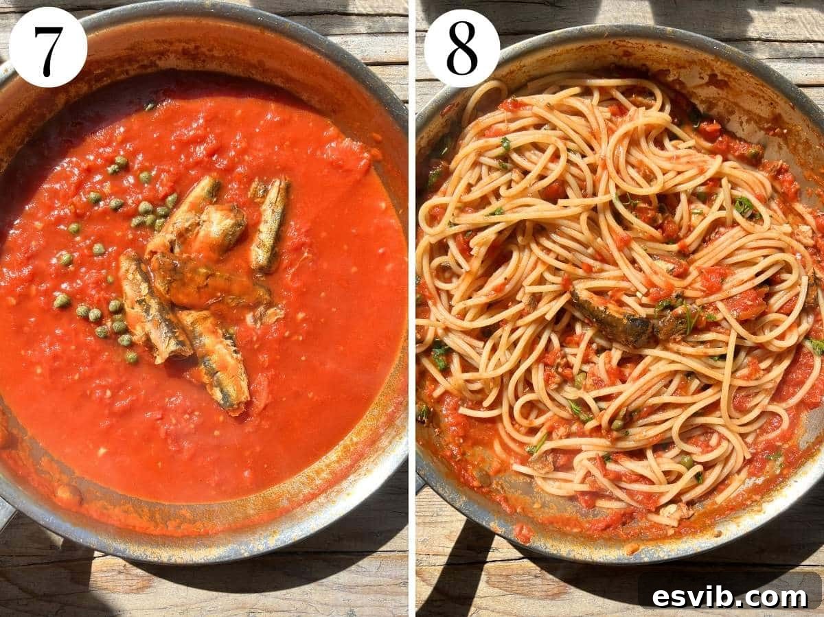 Golden Crumb Sardine and Tomato Pasta 7 Two-panel image showing sardines and capers being added to the sauce, then the cooked spaghetti being tossed in the sauce.