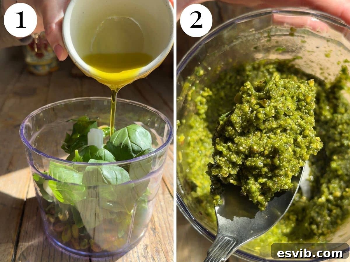 Emerald Coast Pistachio Shrimp Pasta 6 A two-panel collage showing pistachios and basil in a food processor, and the resulting creamy pistachio pesto.