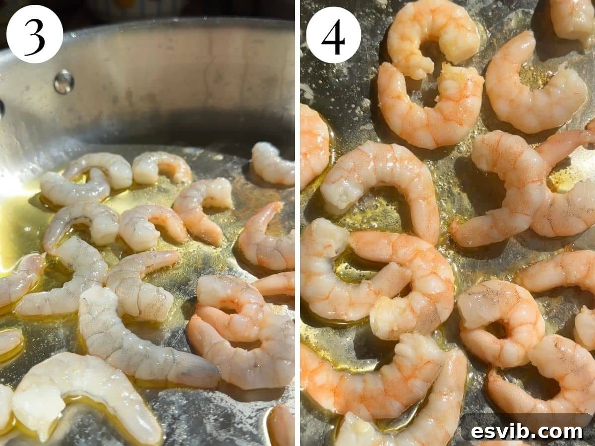 Emerald Coast Pistachio Shrimp Pasta 7 A side-by-side photo showing raw shrimp in a pan and the same shrimp cooked until pink and opaque.