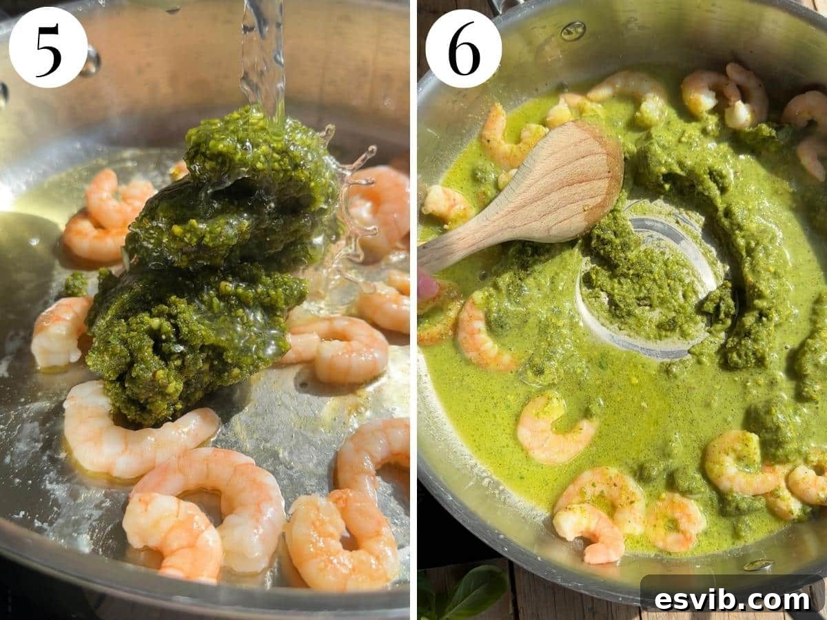 Emerald Coast Pistachio Shrimp Pasta 8 A two-panel image showing pistachio pesto and pasta water being added to the cooked shrimp to create a creamy sauce.