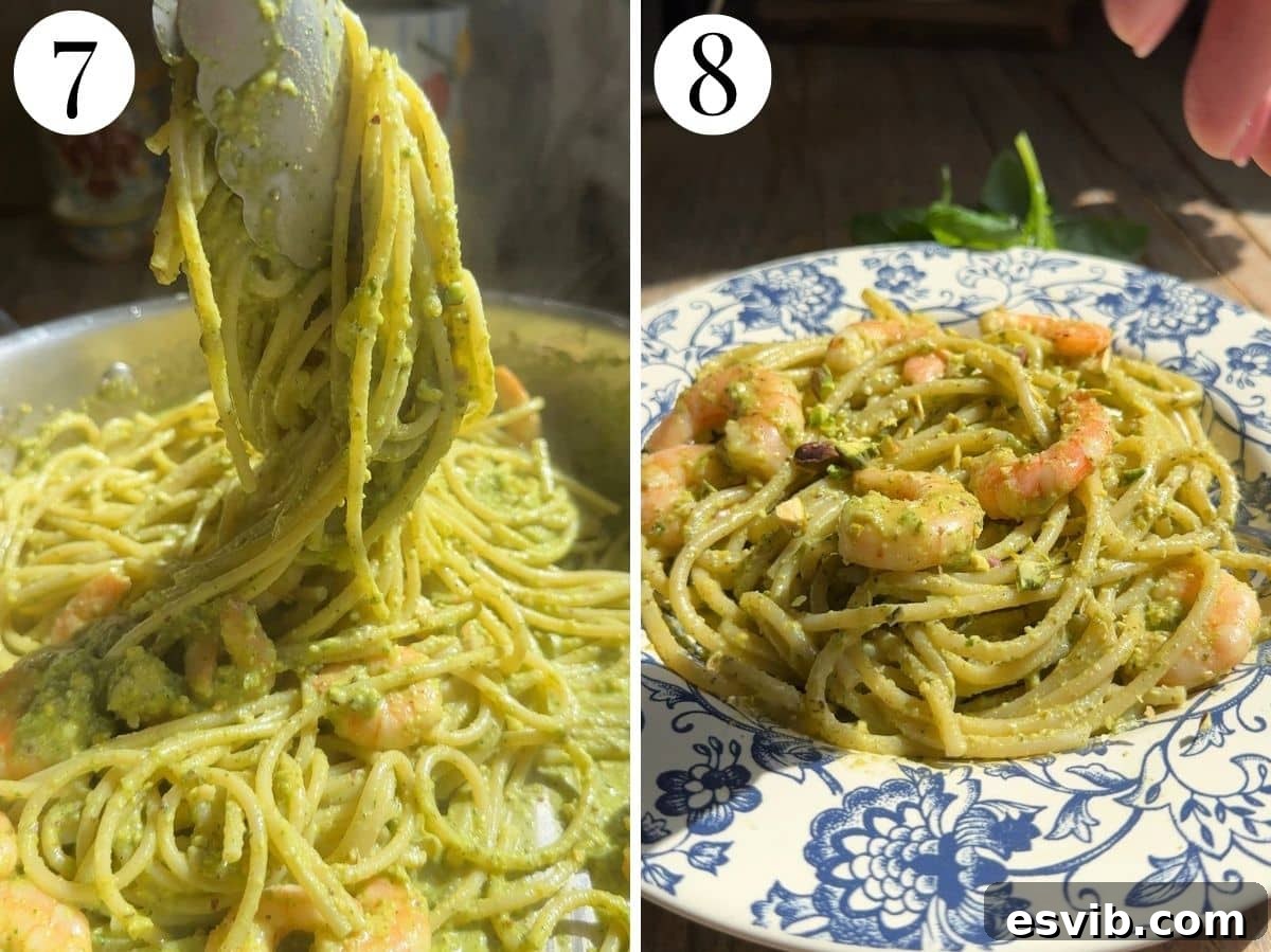 Emerald Coast Pistachio Shrimp Pasta 9 A collage showing the final steps: adding cooked spaghetti to the pistachio shrimp sauce and tossing to combine.
