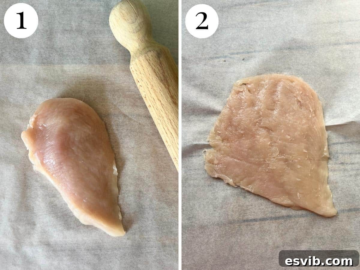 Two photos showing how to bash a chicken cutlet in parchment paper.