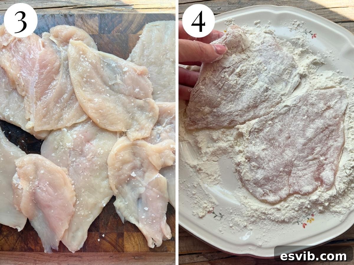 Two photos showing chicken seasoned with salt then dredged in flour.