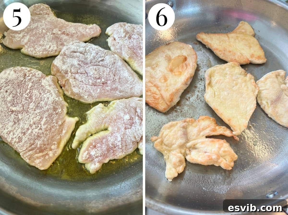 Two photos showing chicken getting cooked in a large pan.