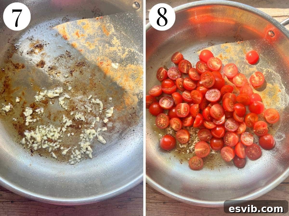 Two photos showing cooking garlic then cherry tomatoes.