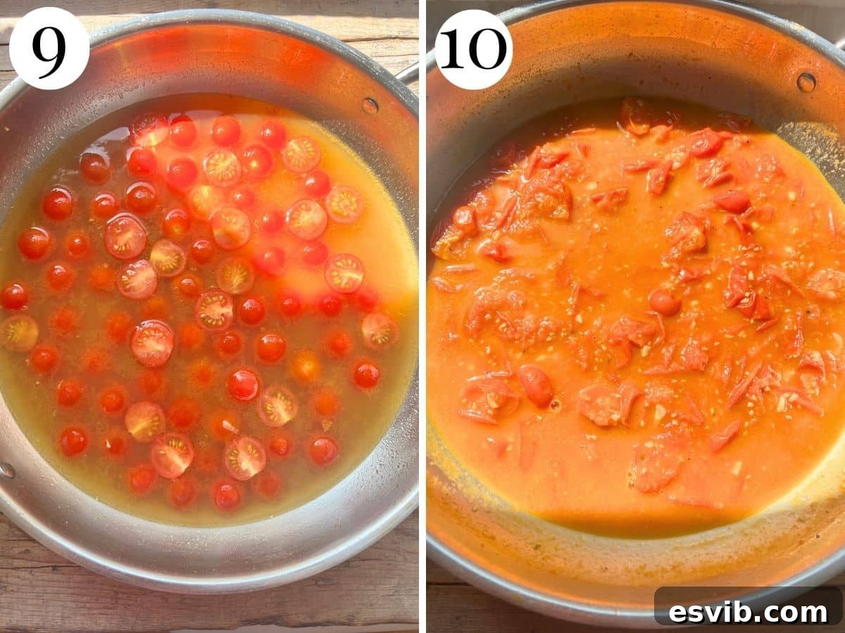 Two photos showing how to reduce a cherry tomato sauce.