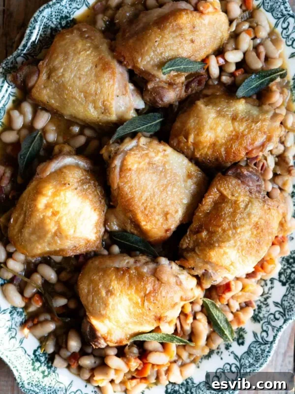 Italian braised chicken thighs on a bed of cannellini beans and vegetables served on a green vintage style serving plate.