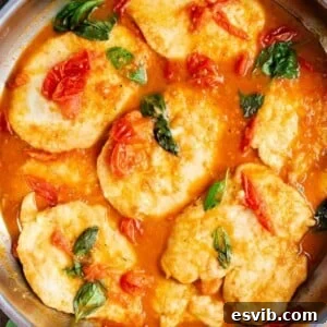A close up of chicken cutlets in a cherry tomato and basil sauce.