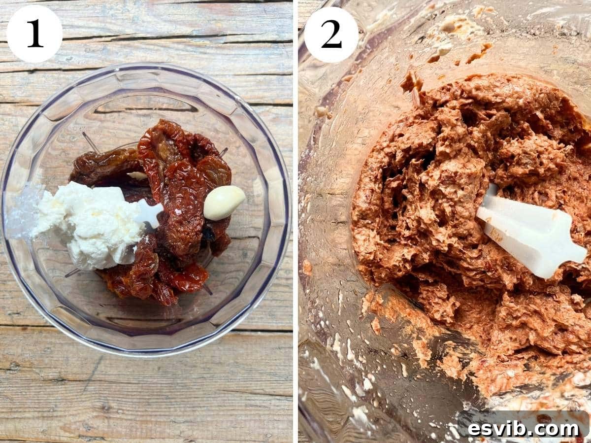 Two photos showing the before and after of make a sun-dried tomato paste.