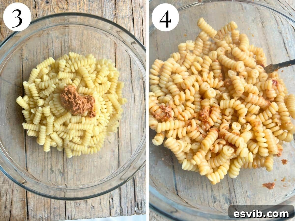 Two photos showing the before and after of adding a little tomato paste to pasta.