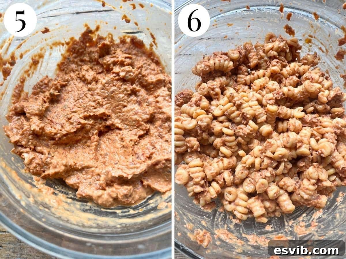 Two photos showing a looser tomato paste and it being added to pasta.
