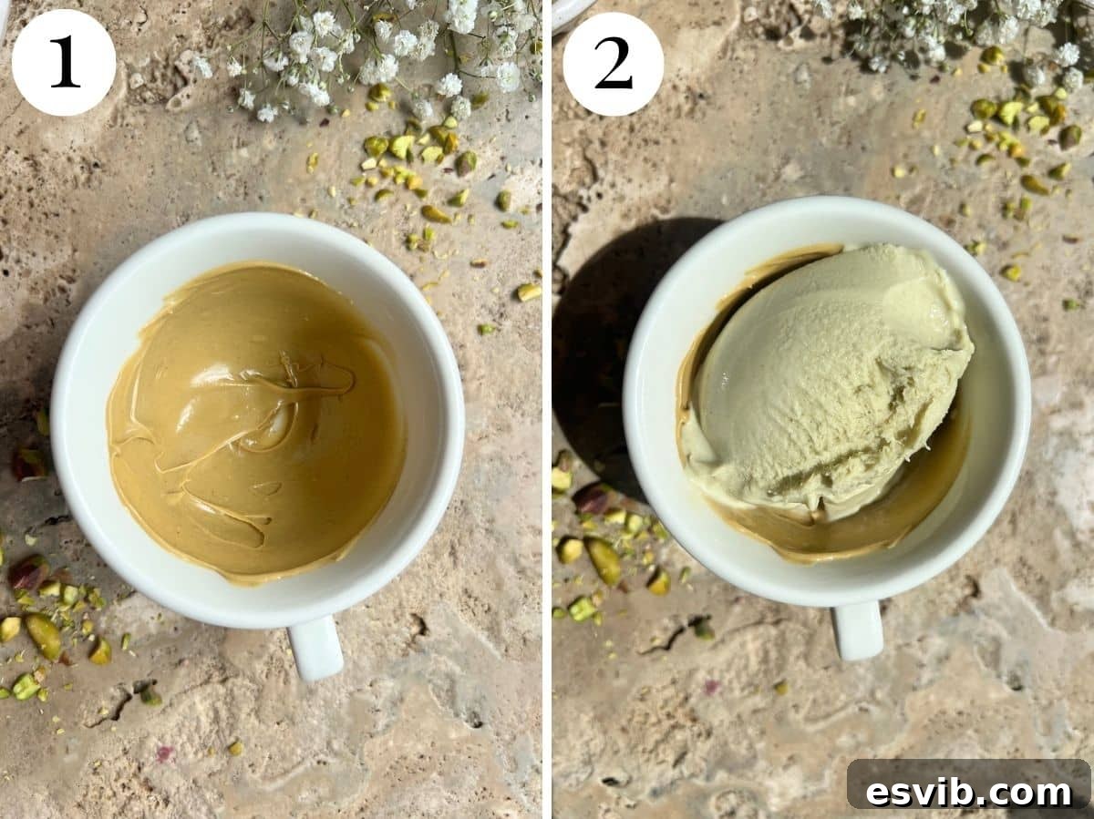 Two photos showing a cup with pistachio cream spread inside and then filled with ice cream.
