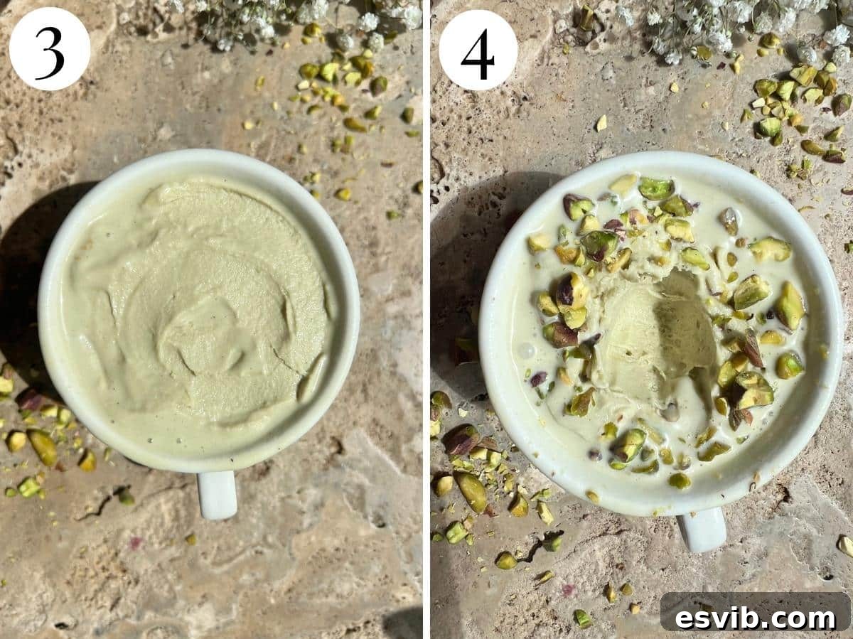 Two photos showing pistachio ice cream in a mug topped with pistachios.