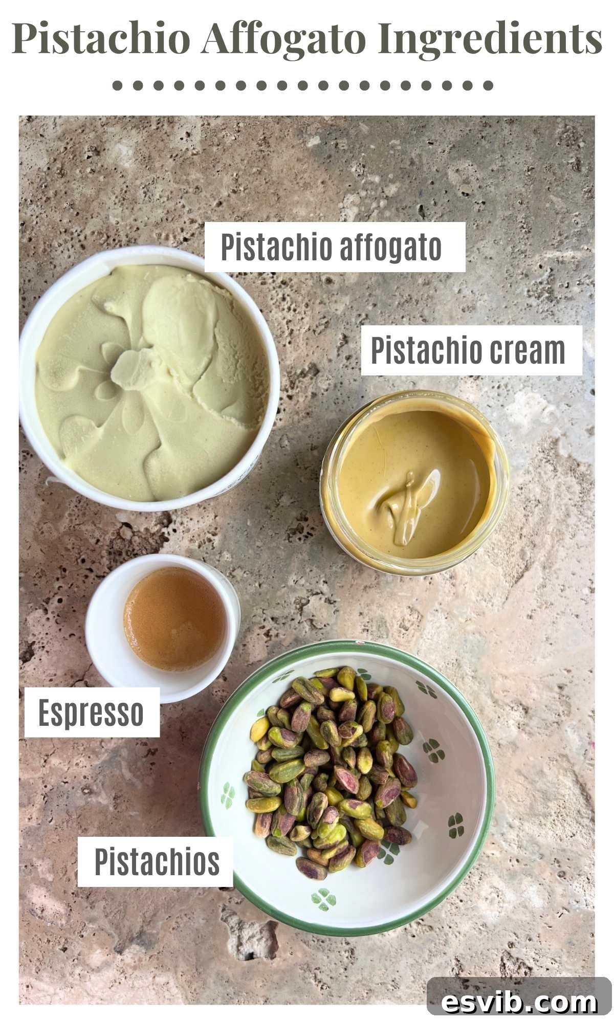 Pistachio ice cream, pistachio cream, espresso and pistachio nuts on a travertine surface.