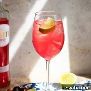 Sarti Spritz Fruity Italian Aperitif Cocktail 5 A close up cropped image of a sarti spritz garnished with lime.