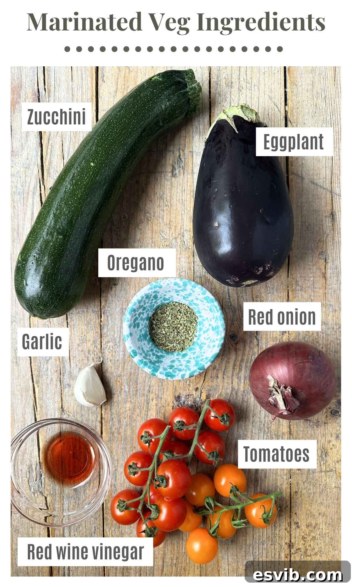 An overhead shot of all the ingredients needed to make marinated grilled veg.