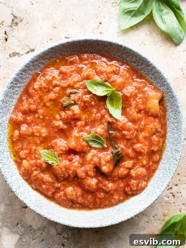 An overhead shot of a bowl of Pappa al Pomodoro Italian bread soup