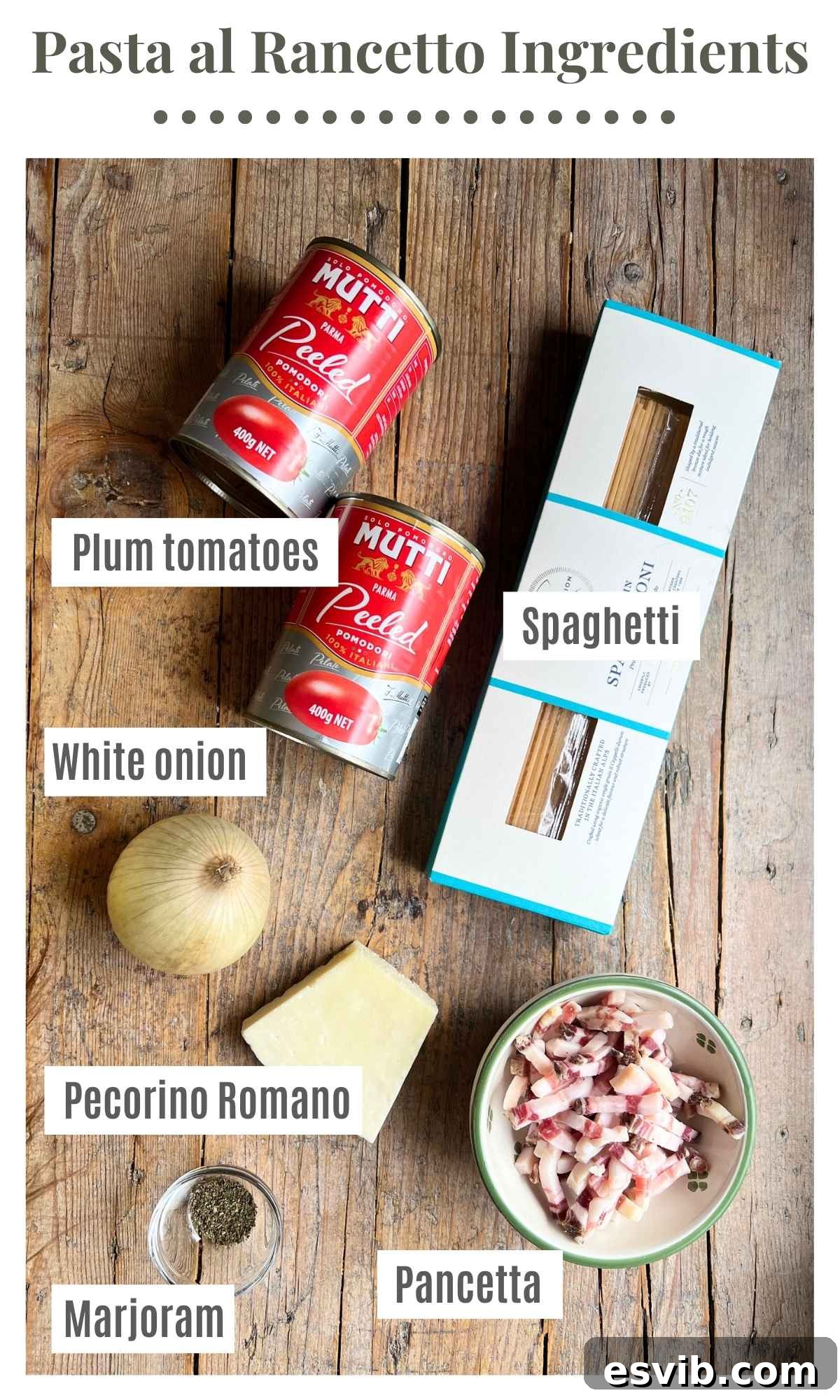 An overhead shot of all the ingredients needed to make Pasta al Rancetto on a wooden rustic surface.