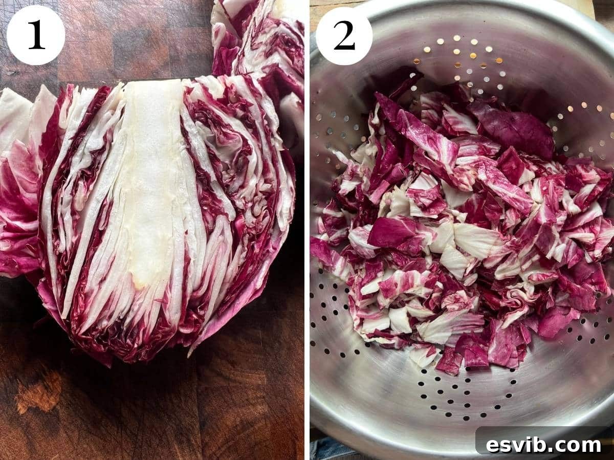 Two photos in a collage showing how to cut radicchio.