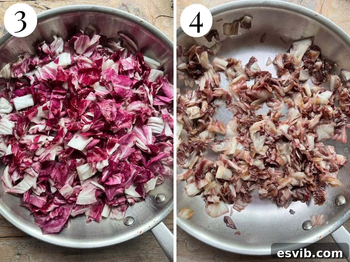Two photos in a collage showing the before and after of cooking radicchio in a pan.