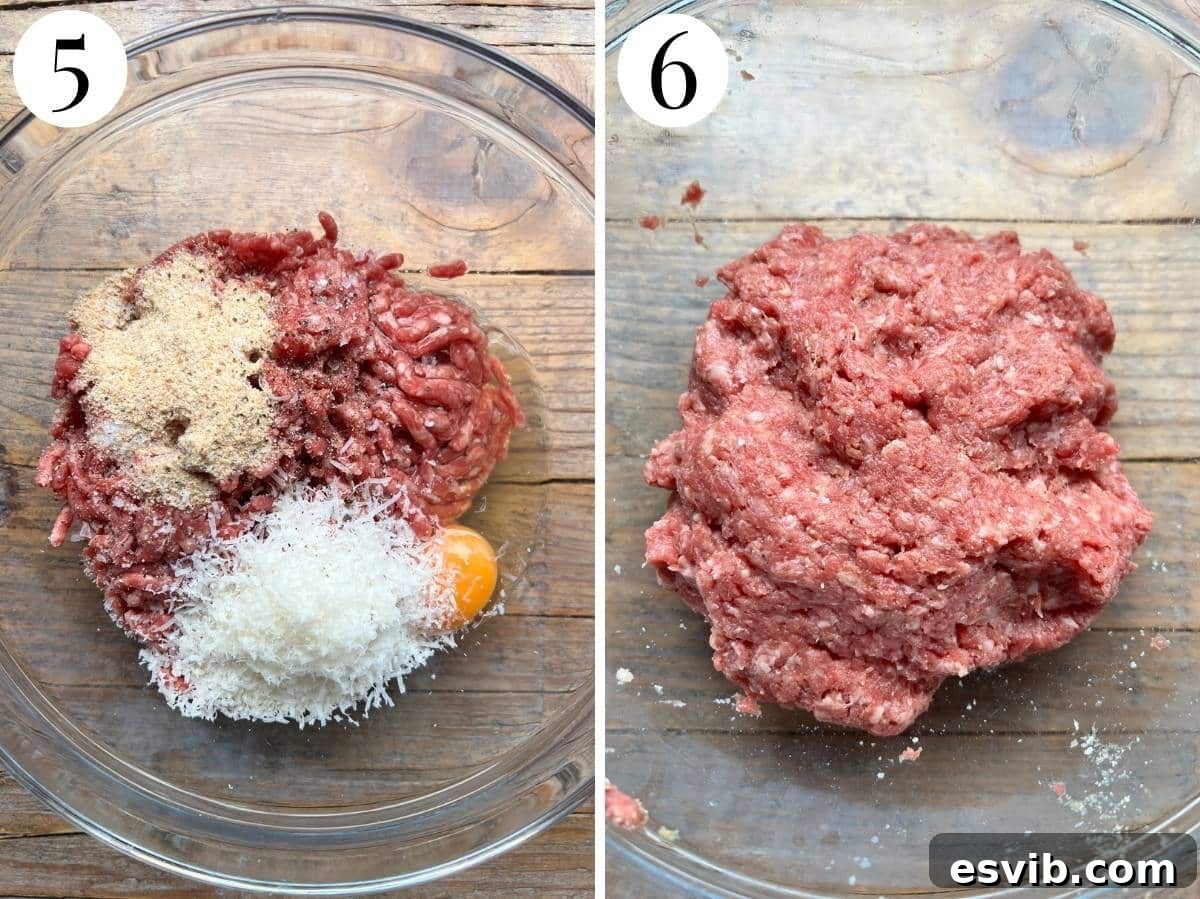 Two photos in a collage showing the beef mixture being mixed and what it should look like.