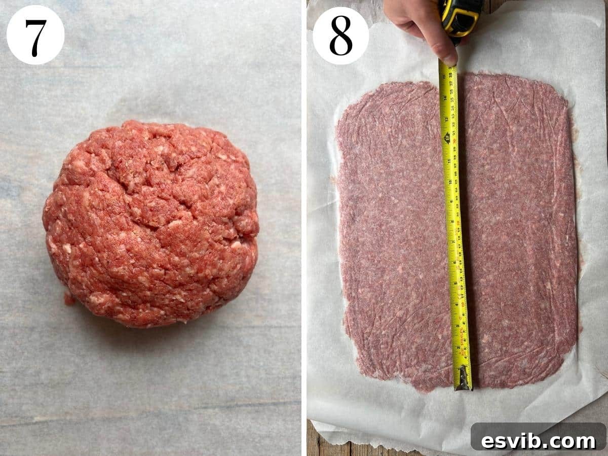 Two photos in a collage showing how to roll out the beef in between baking parchment.