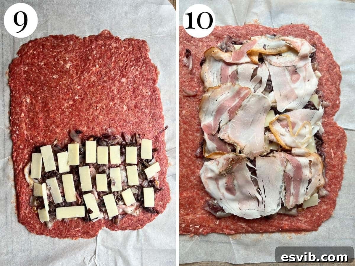 Two photos in a collage showing how to stuff the beef with radicchio, porchetta and parmigiano.