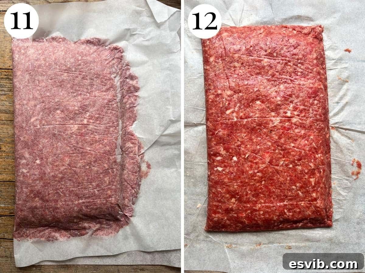 Two photos in a collage showing how to fold the beef over and how to seal it.