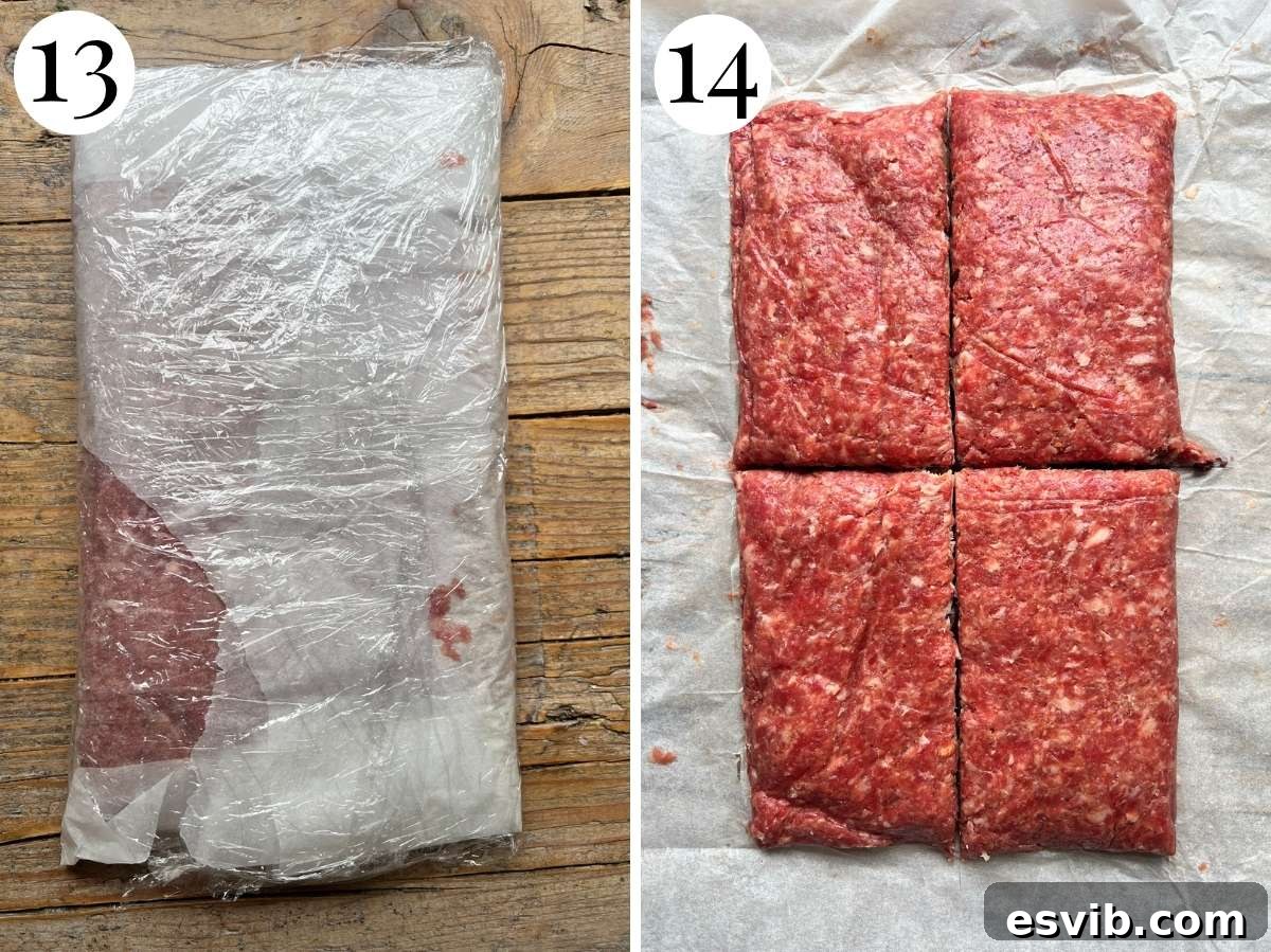 Two photos in a collage showing how to wrap the beef then slice it after chilling.