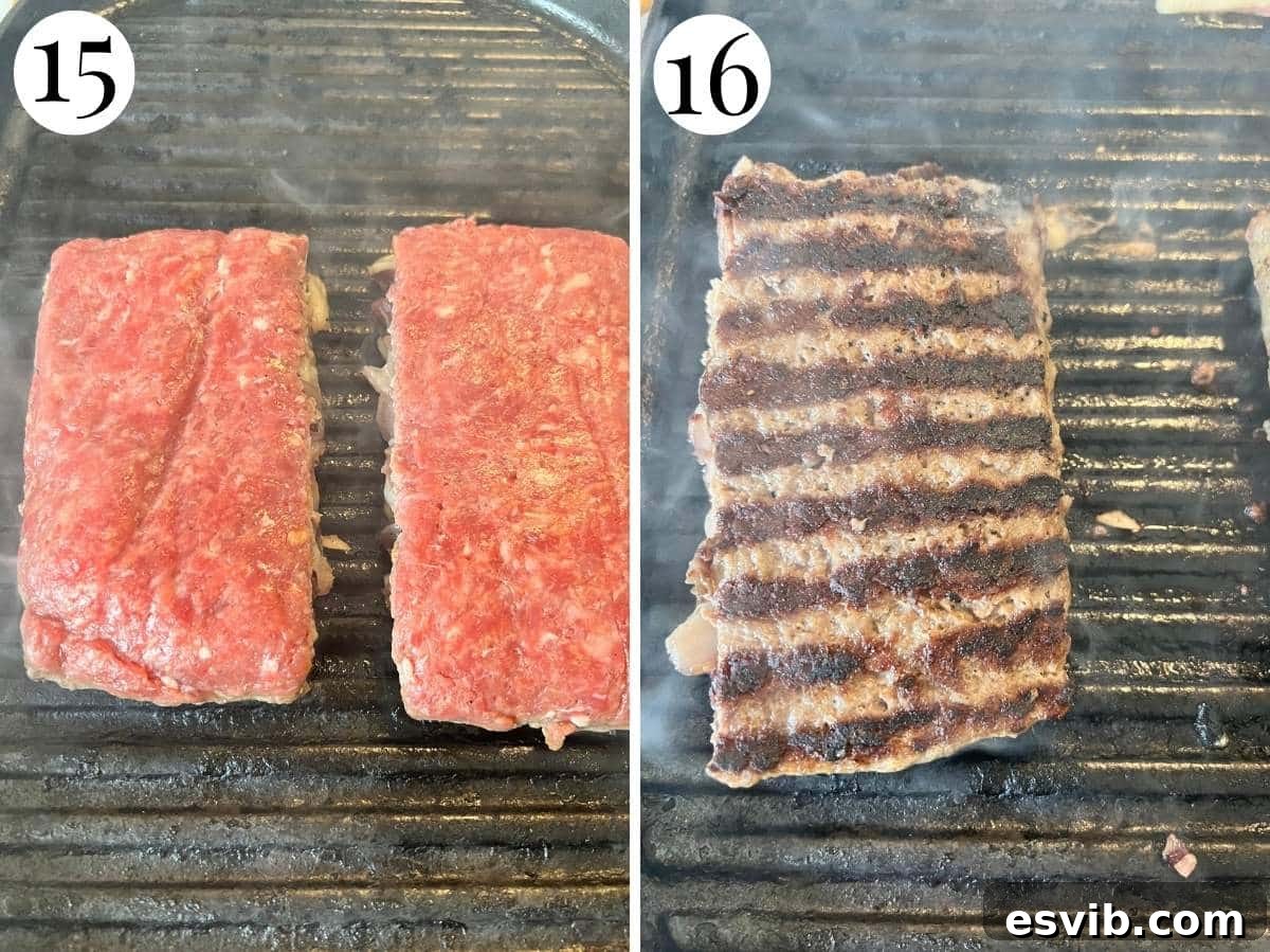 Two photos in a collage showing how to cook the beef on a griddle pan.