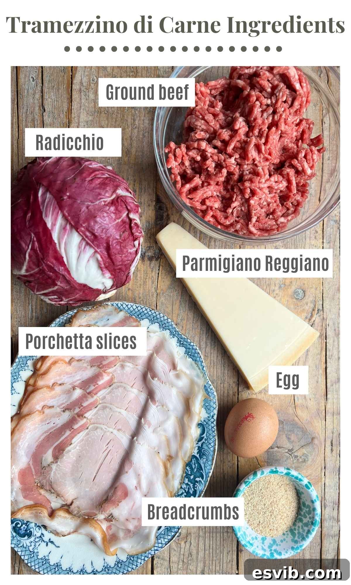 An overhead shot showing ground beef, radicchio, parmigiano reggiano, porchetta, egg and breadcrumbs on a rustic wooden surface.