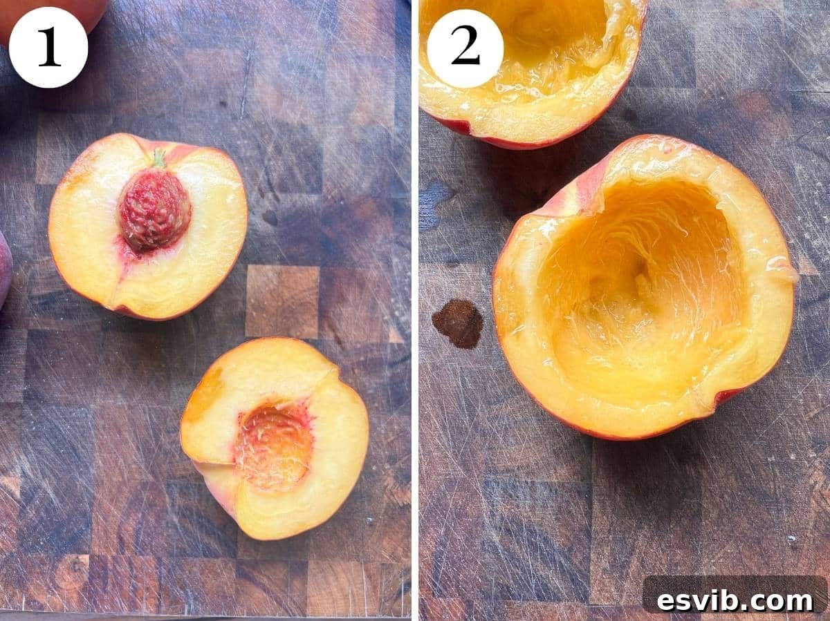 Two photos in a collage showing how to hollow out a peach.