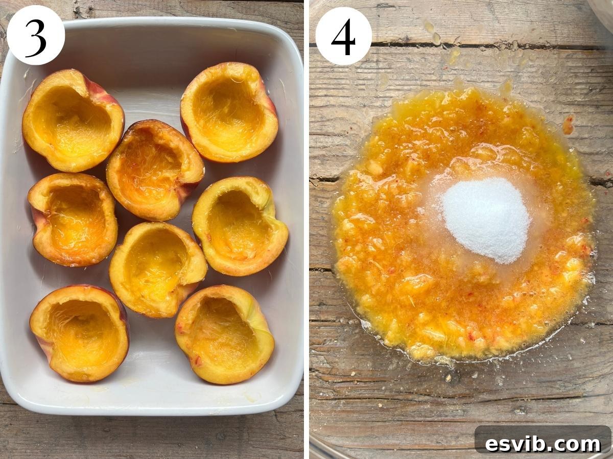 Mixing the peach pulp with sugar.