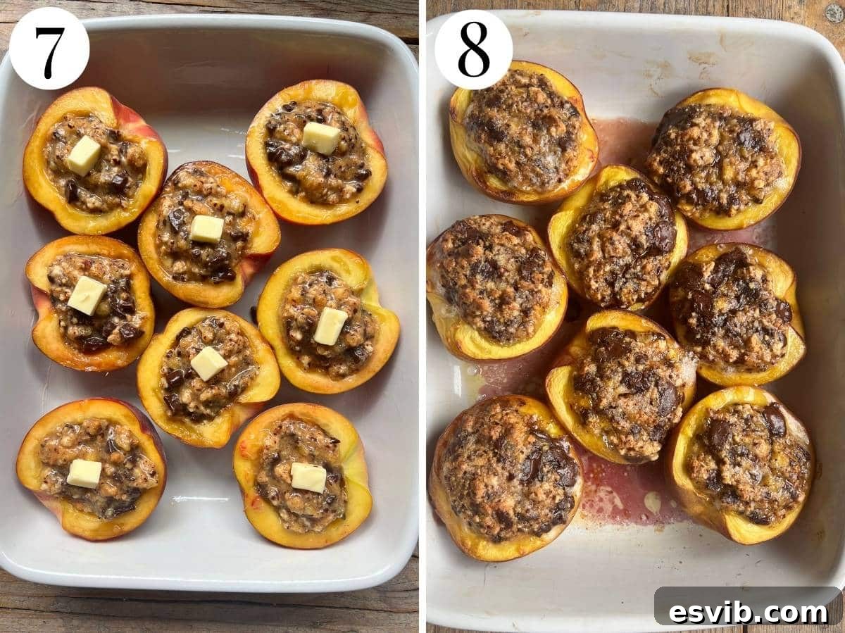 Before and after baking stuffed peaches.