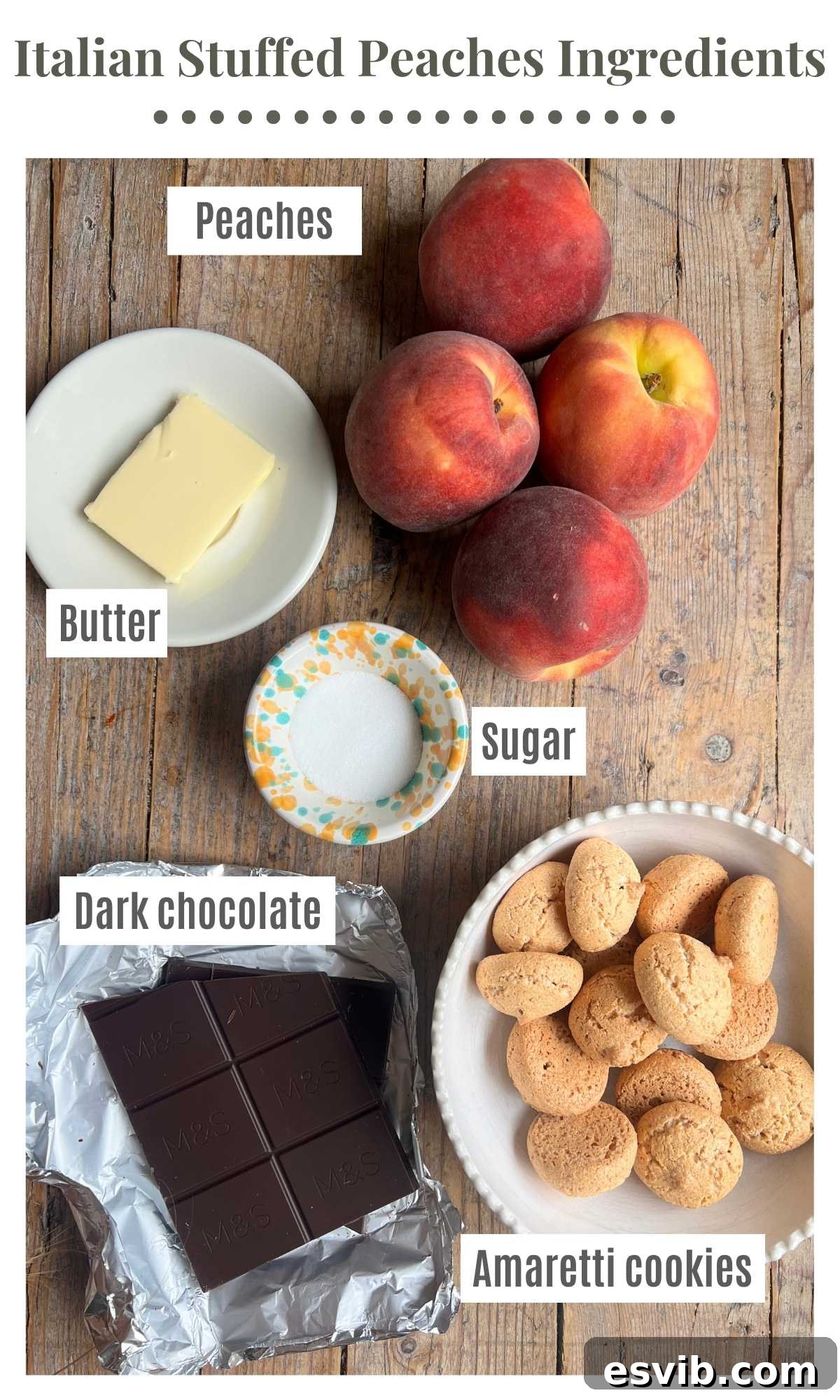 Close-up of peaches and ingredients for baking.