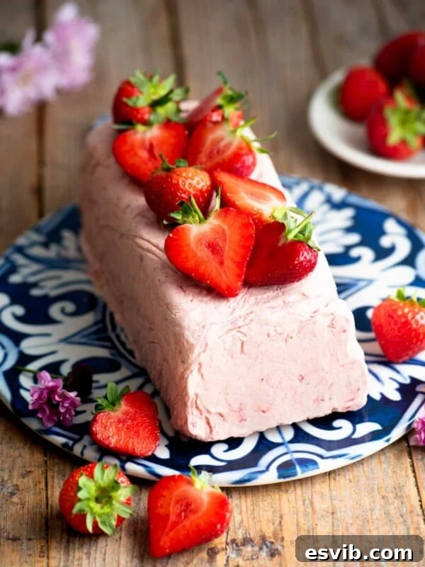 Strawberry semifreddo on a blue and white ceramic serving board topped with cut strawberries.