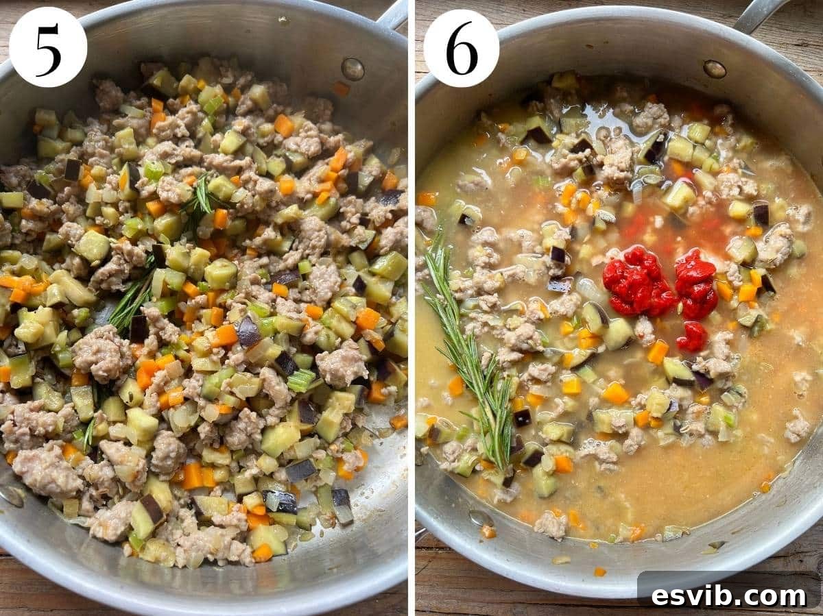 Two photos in a collage showing adding white wine then tomato paste and stock.