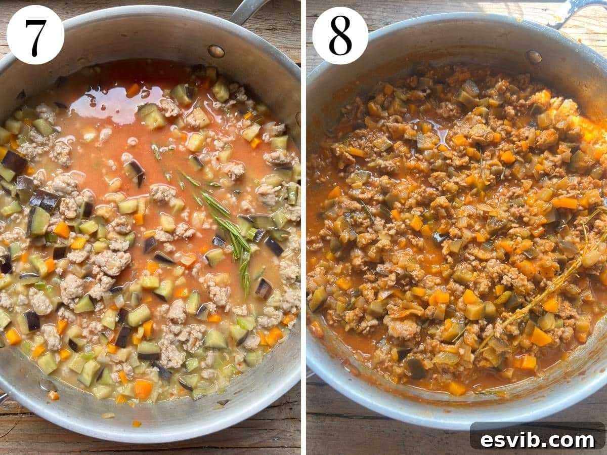 Two photos in a collage showing the before and after the sauce has reduced and ready.