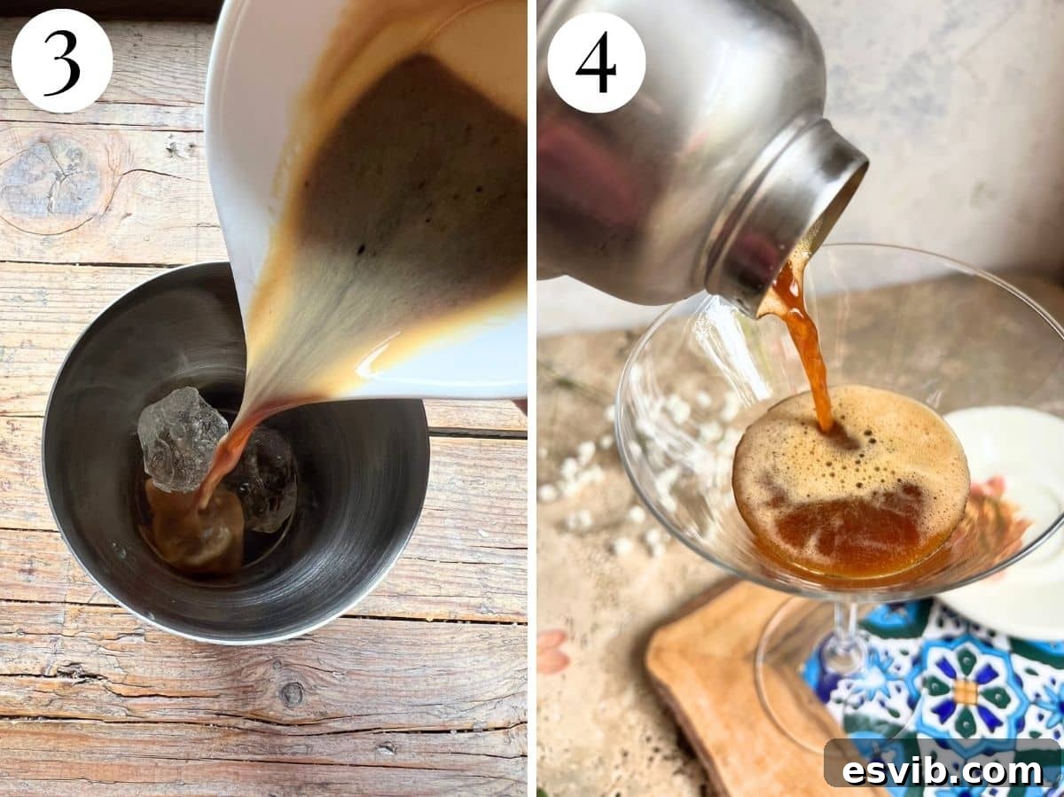 Caffe Shakerato: Classic Italian Iced Coffee Recipe 10 Two photos showing pouring the espresso in and out of a cocktail shaker.