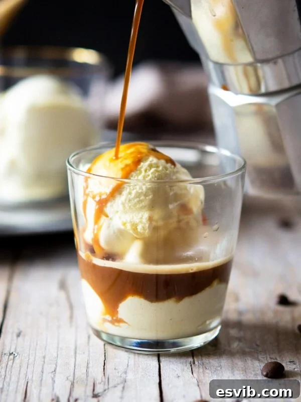 Caffe Shakerato: Classic Italian Iced Coffee Recipe 6 A photo of coffee getting poured over ice cream in a glass to make an affogato