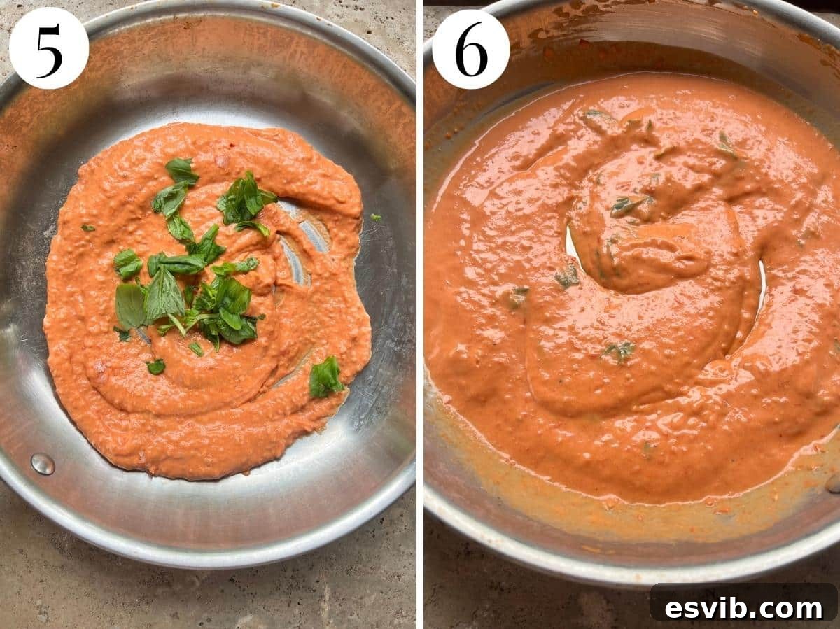 Two photos in a collage showing before and after emulsifying pasta sauce with pasta water.